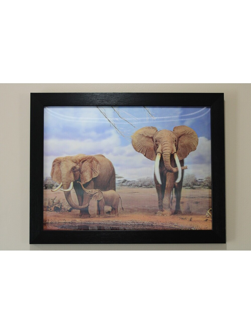 3-D Elephant Family in African Desert Lenticular Print Wall Art 18x14 Blk Frame
